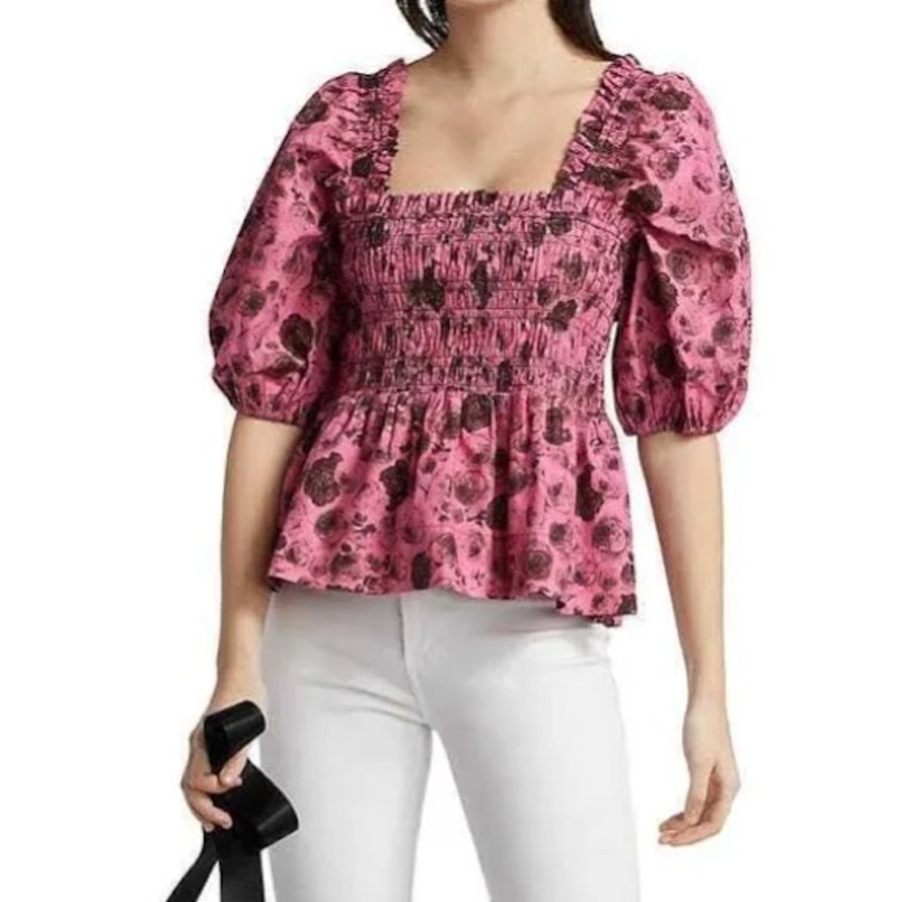 Ganni Cotton Poplin Floral Printed Puff Sleeve Smocked Pink Black Top